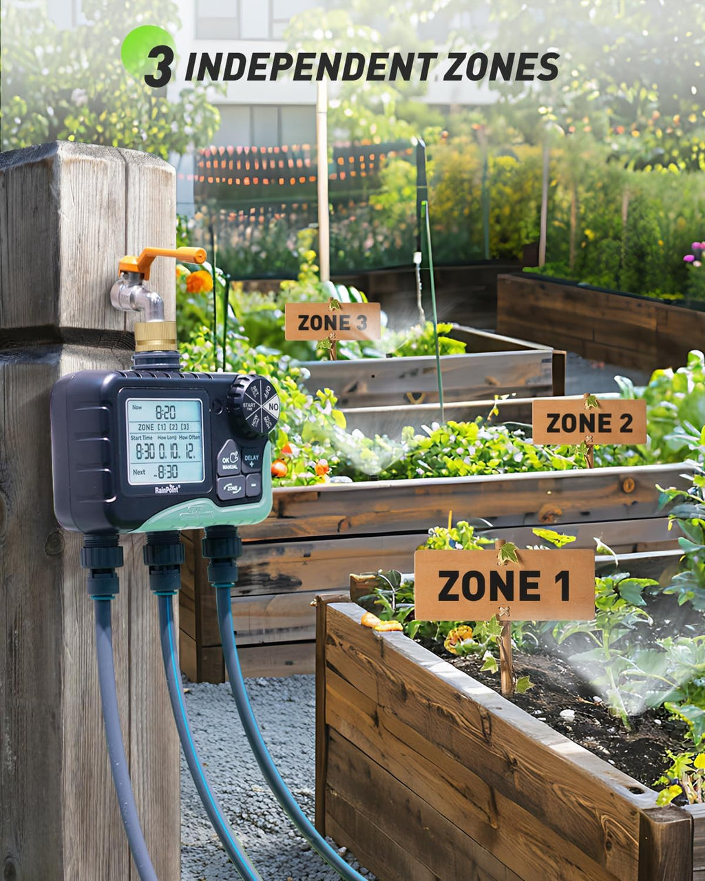 RAINPOINT 3 Zone Sprinkler Timer with Brass Inlet, Water Timer for Garden Hose,Rain Delay/Manual/Automatic Watering