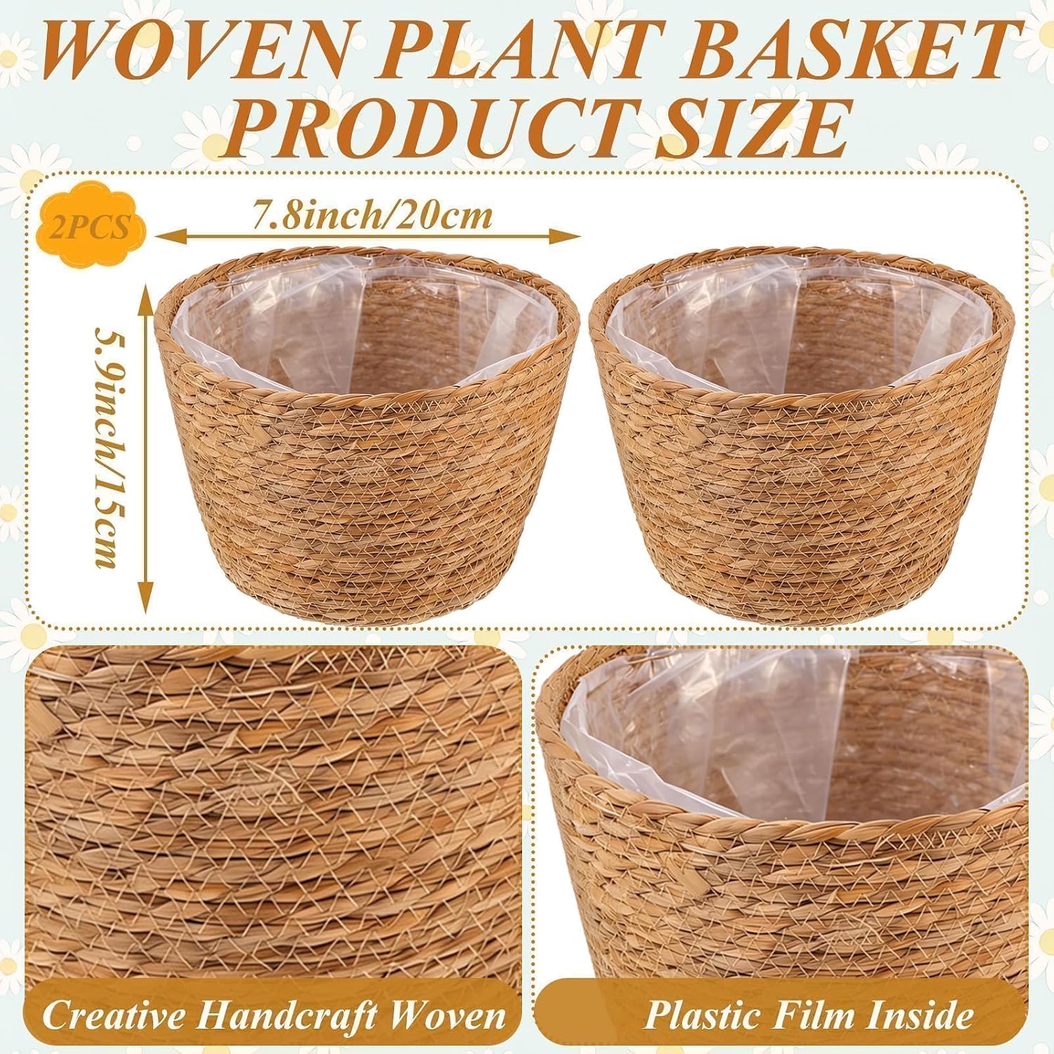 2PCS Seagrass Plant Basket for Indoor and Outdoor,Wicker Planter Basket with Liner for 6 inch Pot,Indoor Plant Pot