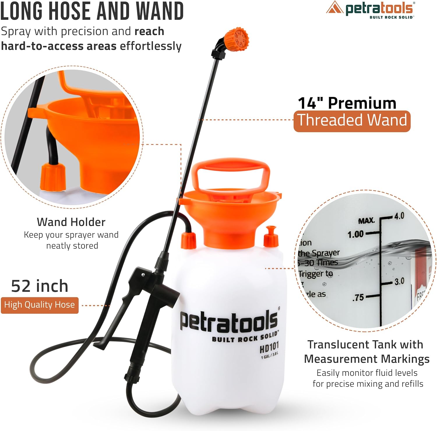 PetraTools HD101 Pro Kit - Pump Sprayer 1 Gallon, 52-in Hose & 5 Nozzles | 1 Gal Weed Sprayer w/ Easy Carry Handle &