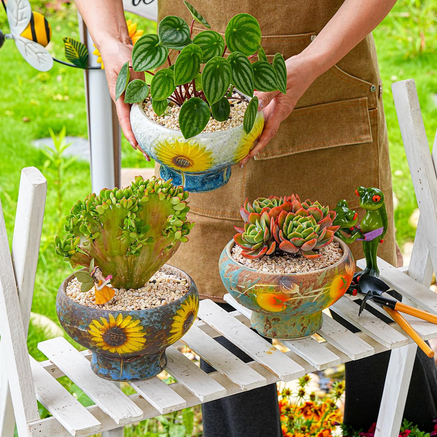 Sungmor Small Succulent Planters Set of 2, Beautiful Hand Crafted Ceramic Plant Pots Cute Cactus Pot, 6.5 Inch Flower