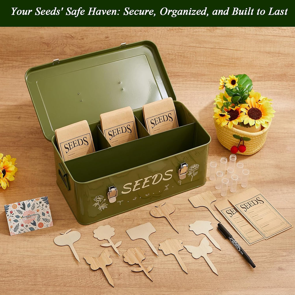 VerdantVibes Metal Seed Storage Organizer Box - Large Galvanized Seed Bin with 50 Vials, 50 Envelopes, Dividers &