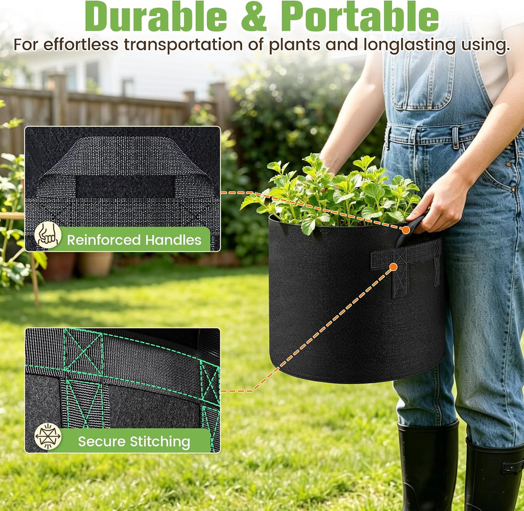 5-Pack 9.9 Gallon Grow Bags, Thickened Nonwoven Fabric Plant Pots with Handles, Heavy Duty 298G Garden Pots for