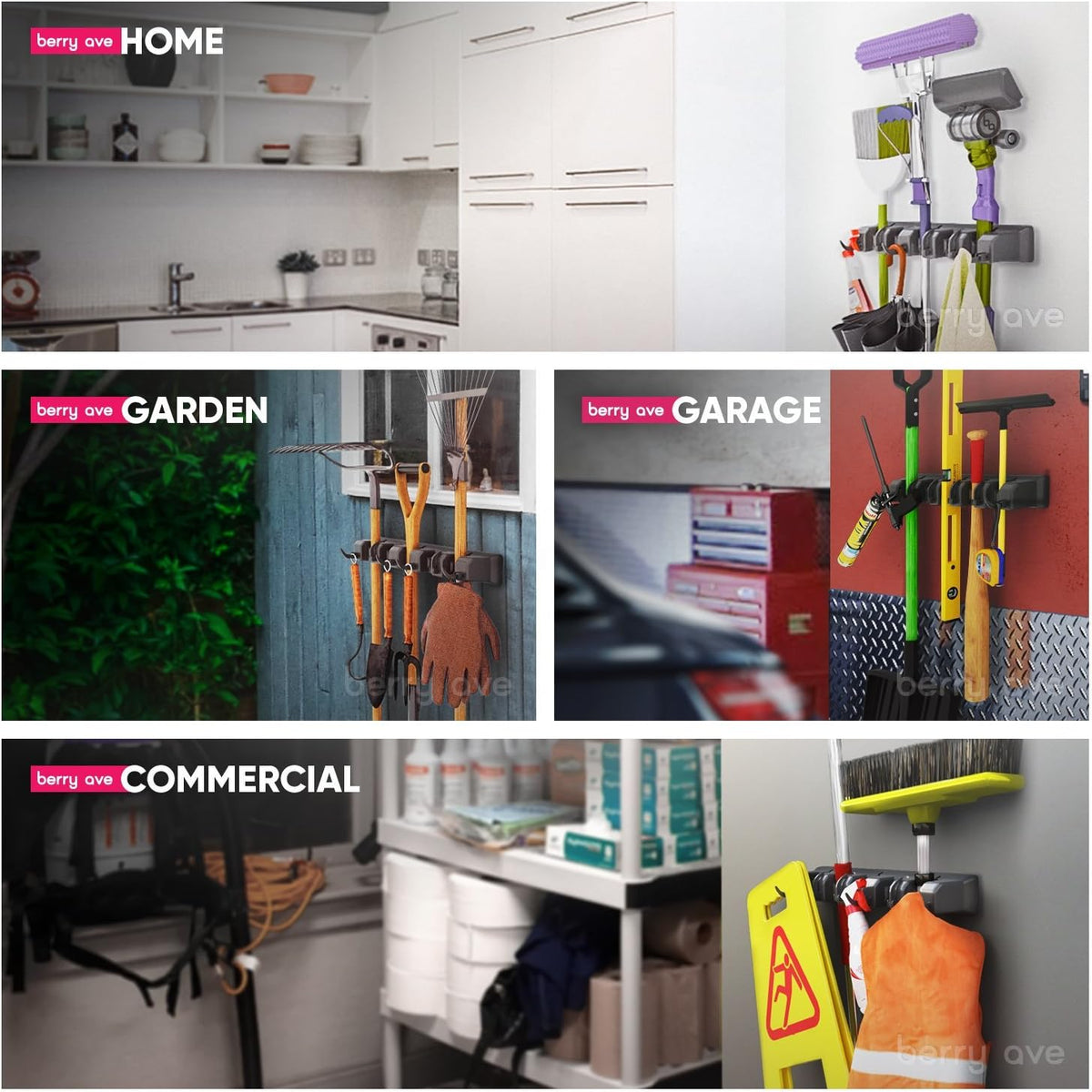 EXTRA GRIP Mop & Broom Holder Wall Mount - Wall Hanging Garden Tool & Utility Closet Organizer, Mop & Broom Hook, Broom