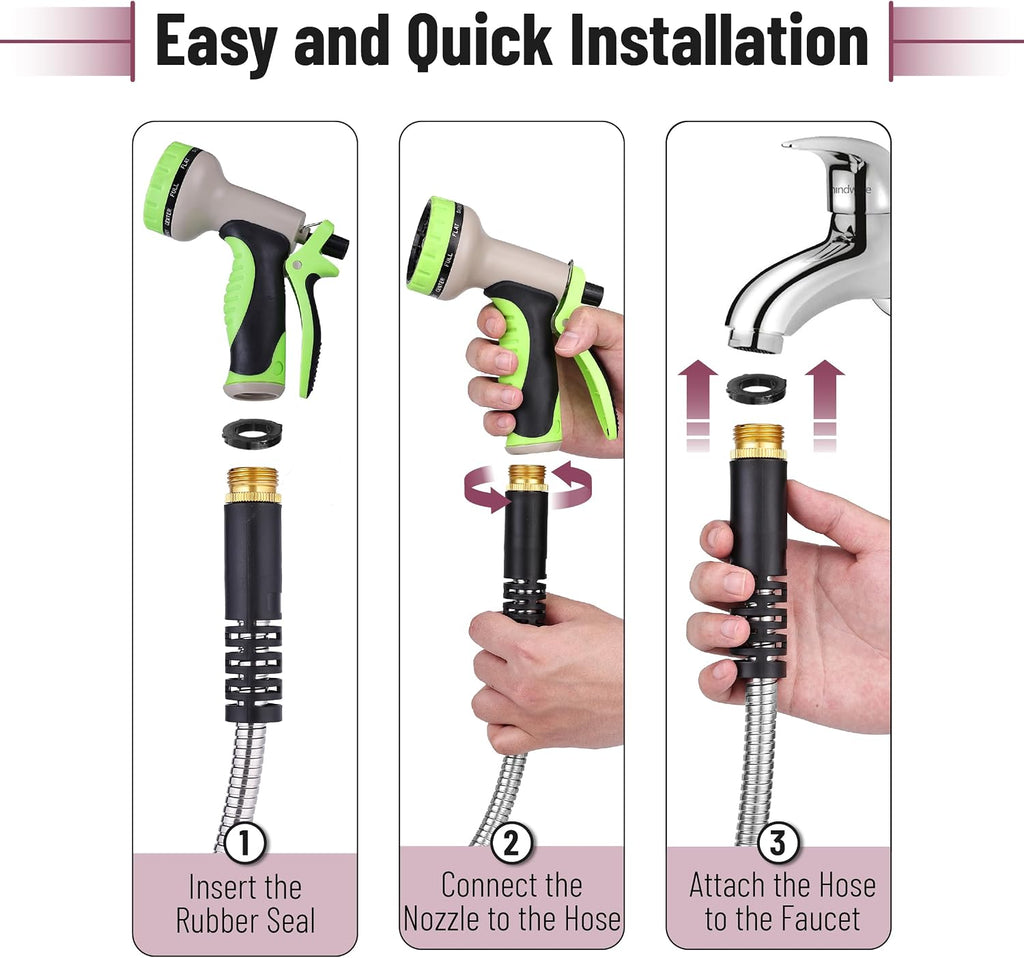 UNCO- Metal Garden Hose with 10 Functions Spray Nozzle, 100 Feet, No Kink | Stainless Steel, Durable Flexible Water