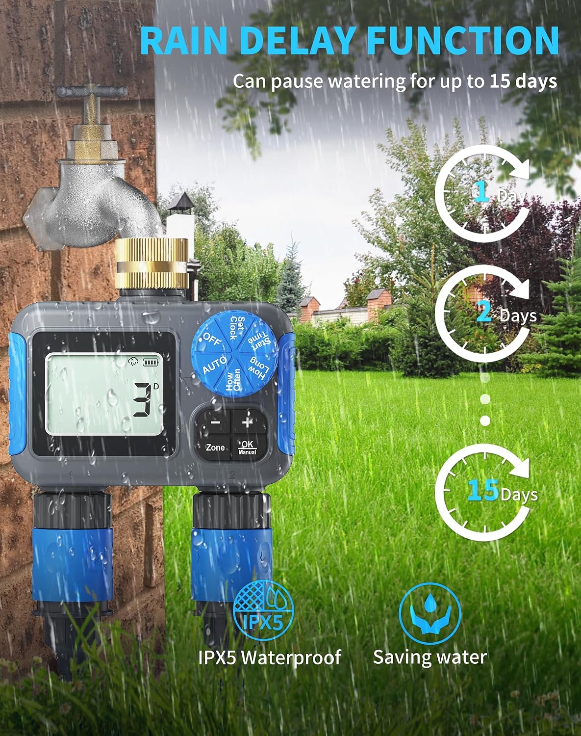 Sprinkler Timer, 2 Zone with Brass Swivel, Digital Irrigation Controller System with Rain Delay/Manual/Automatic
