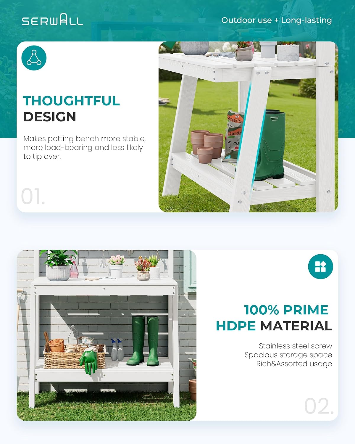 SERWALL 3-Tier Outdoor Potting Bench with Storage,Gardening Table,White,2PC | Waterproof HDPE Structure,Spacious