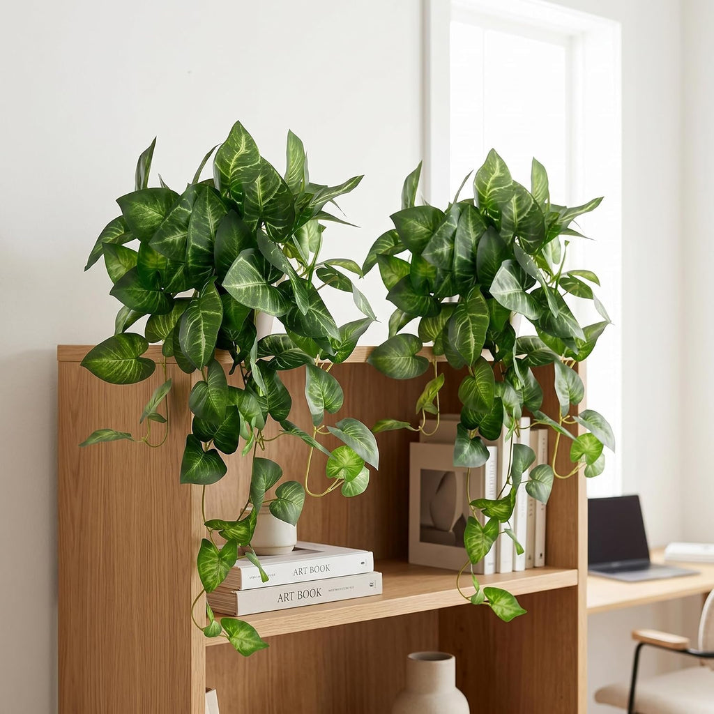 Artificial Pothos Hanging Plant, 25" Set of 2 Faux Ivy Vines with Pots | Fake Silk Realistic Hanging Greenery Plants