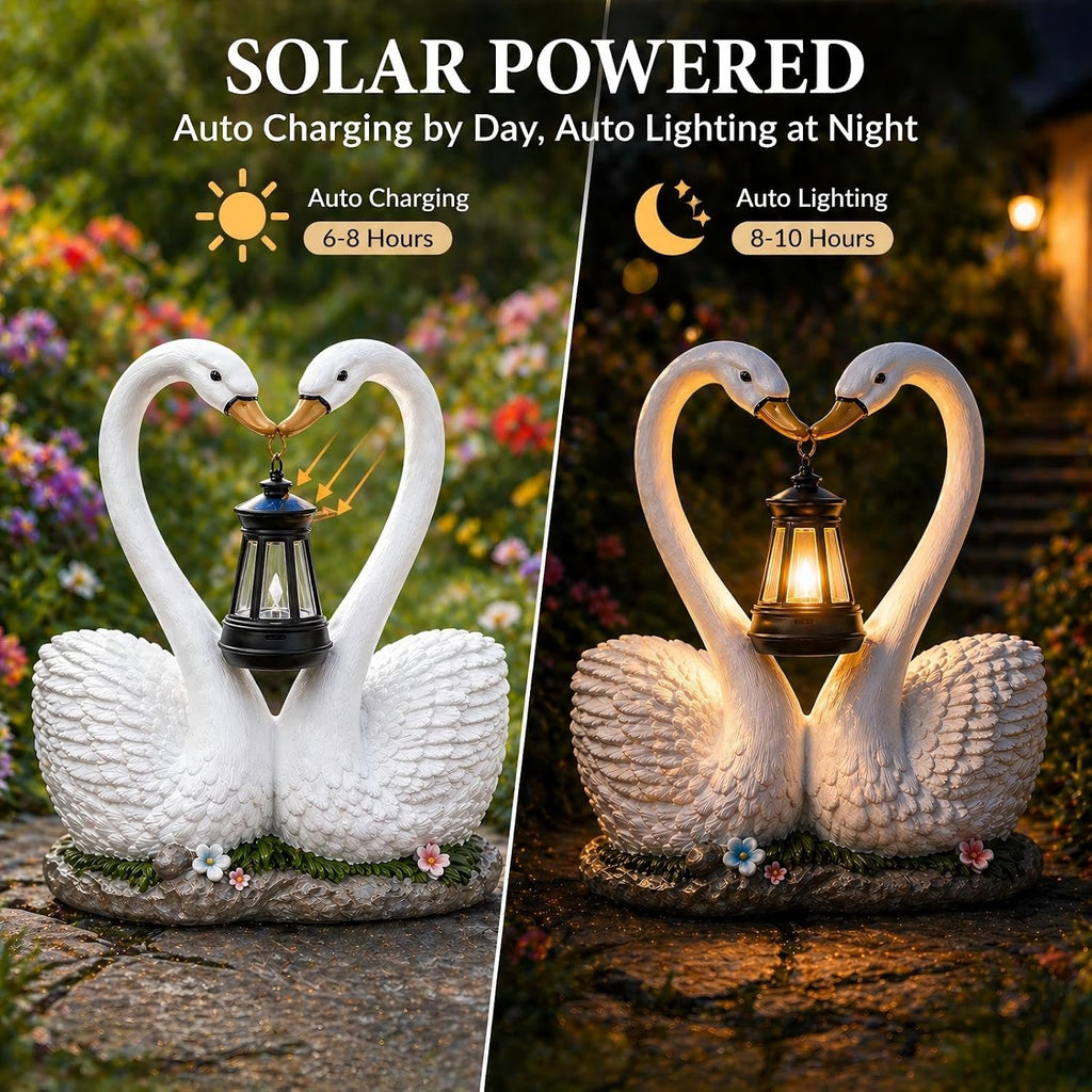 Solar Swan Garden Statue with Hanging Lantern Light, Romantic Swan Couple Outdoor Solar Lights Resin Waterproof Yard
