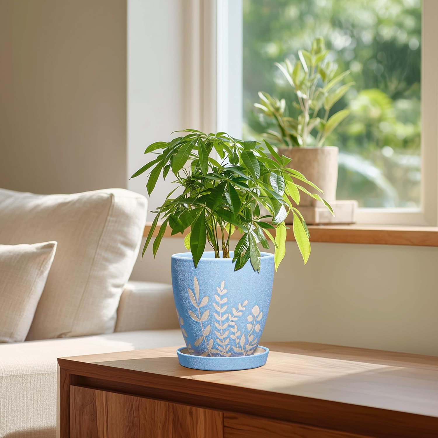 6 Inch Ceramic Plant Pot with Saucer - Small Flower Pot with Drainage for Succulents & Herbs, Boho Desk Home Office