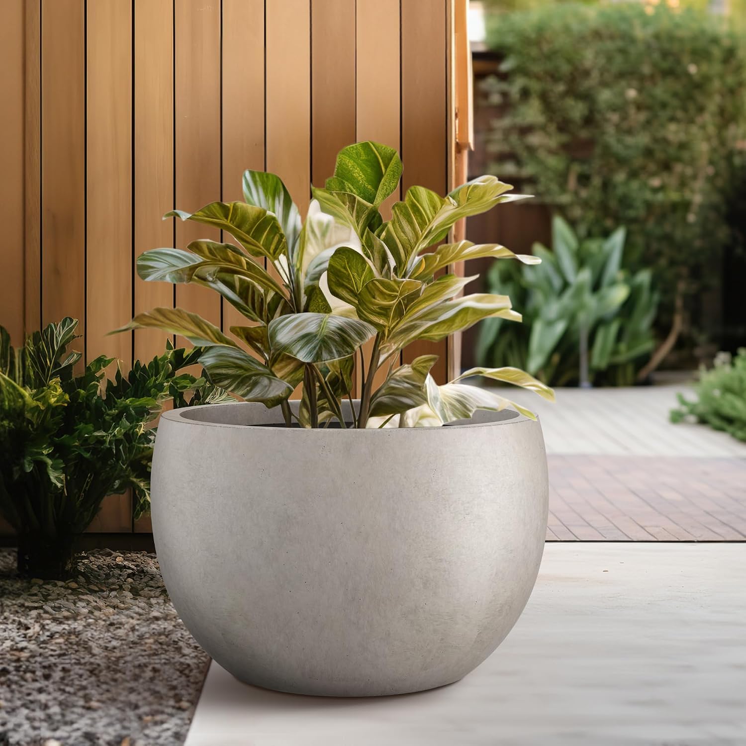 Kante Large Round Bowl Weathered Concrete Planter 20" Dia, Outdoor | Rubber Plug for Indoor, Drainage for Garden