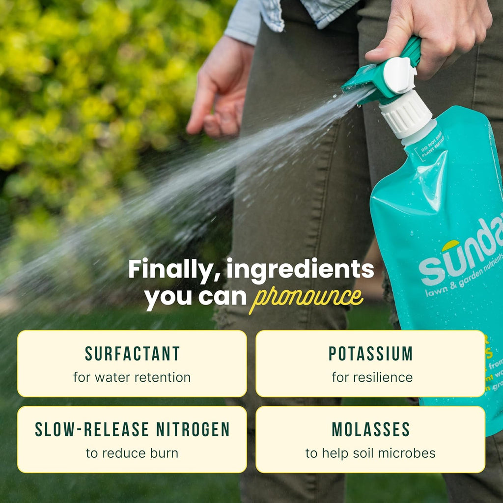 Sunday Water Focus - Liquid Lawn Fertilizer for Drought, 2 Pack + Sprayer | 18-0-3 formula with slow-release nitrogen &