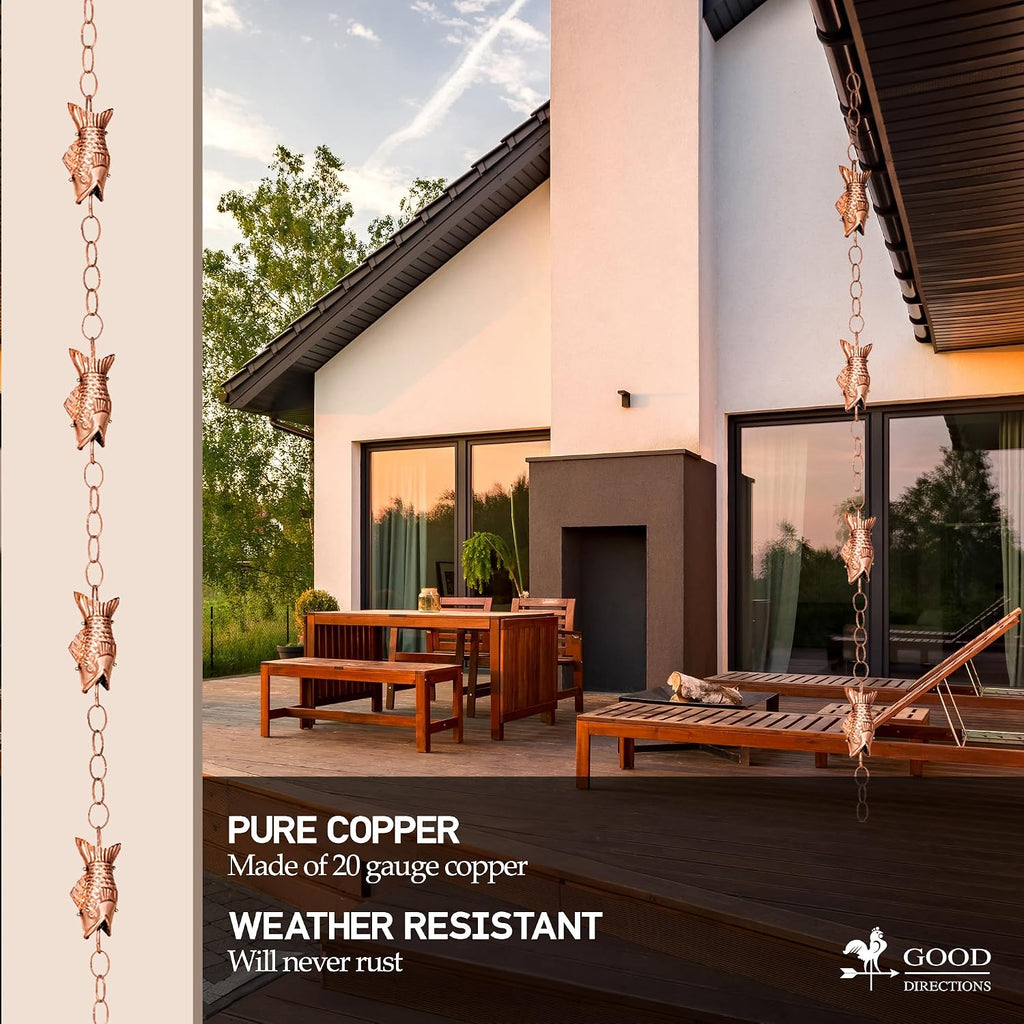 Good Directions 487P-8 Fish Rain Chain - 8.5 ft., with 4 Large Figures, Large Cups 100% Pure Copper