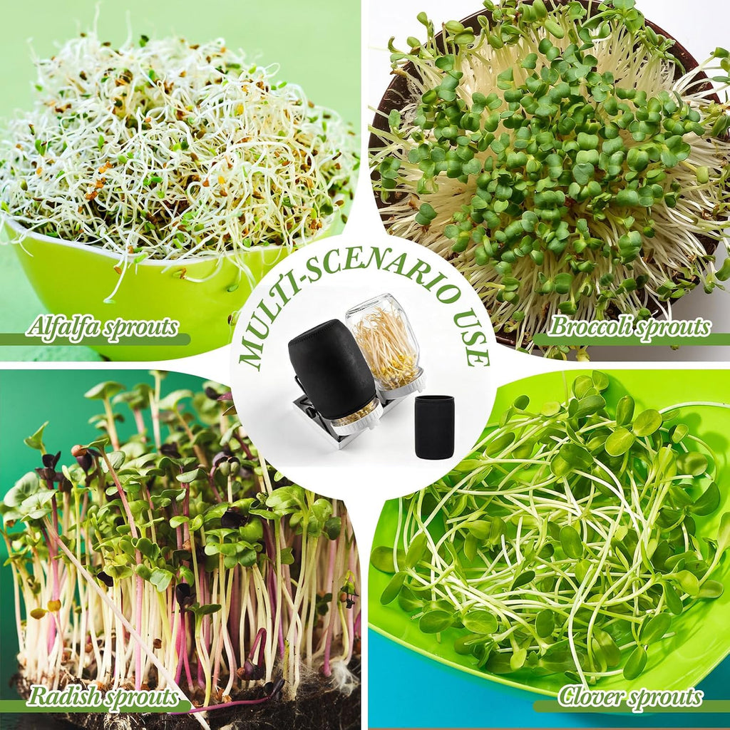 LemonRoad 9 Pcs Seed Sprouting Kit with 1000 ml Mason Jars and Blackout Sleeve, Separate Bracket 316 Stainless Steel