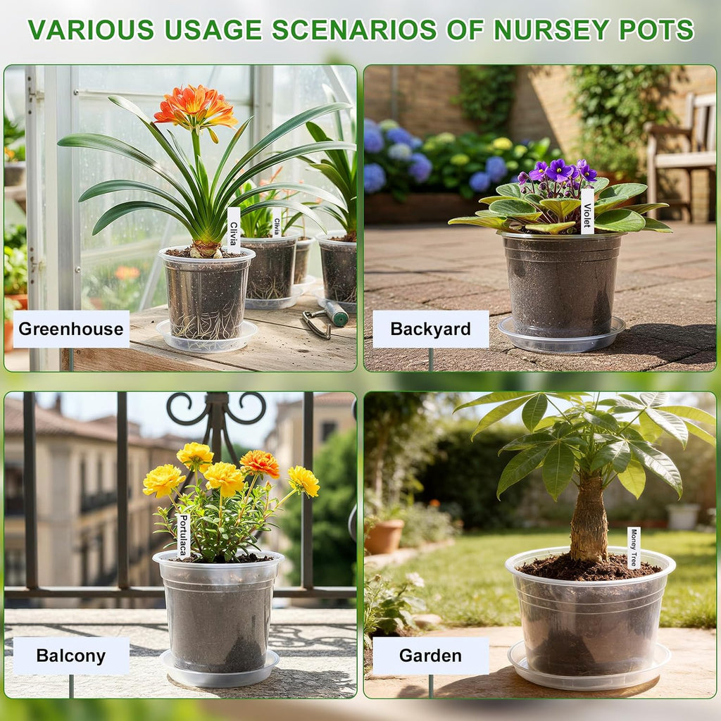 5/6/7/10 Inch Clear Nursery Pots with Drainage & Saucers 16PCS , Plant Large Pots with Labels, Seedling Tool & Hole
