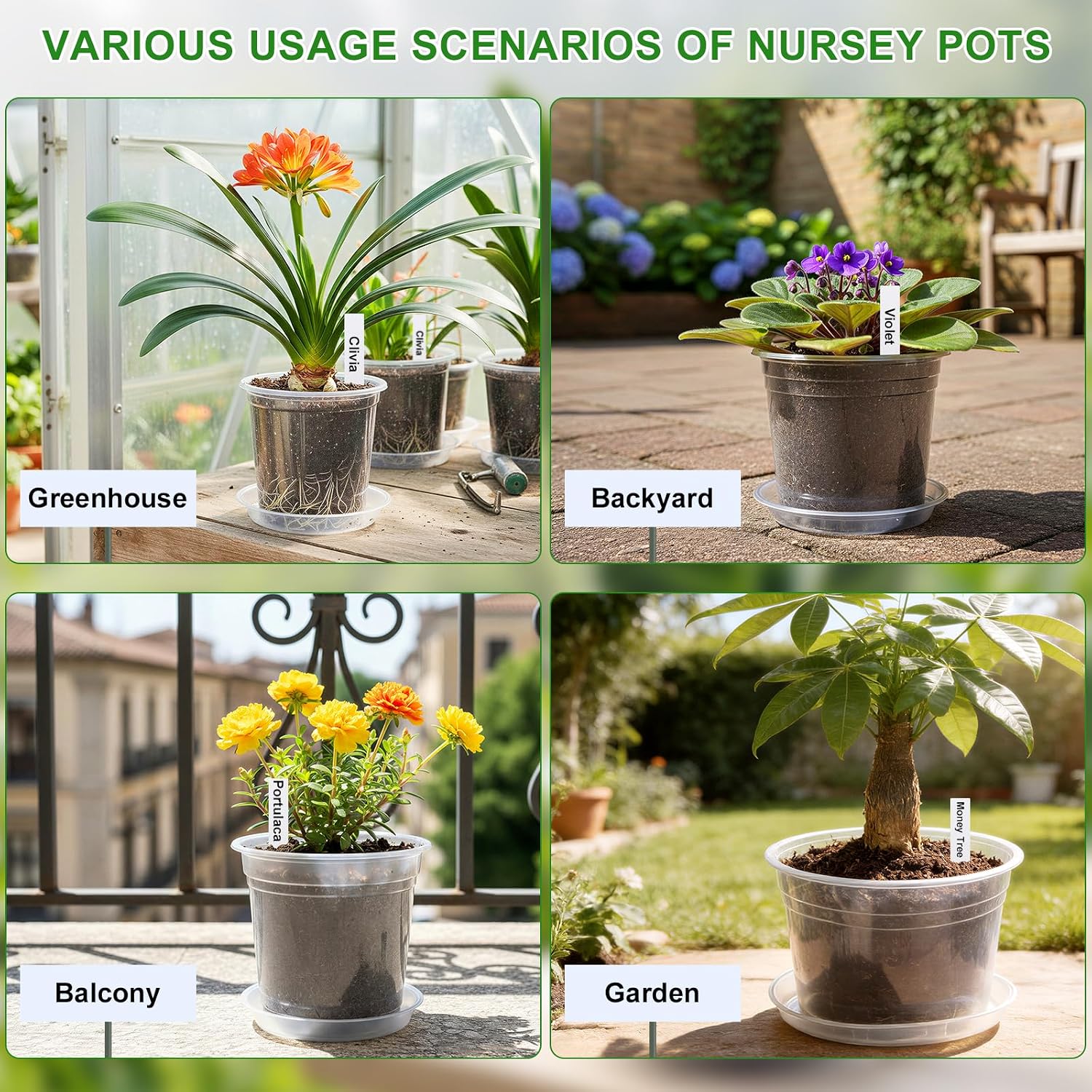 5/6/7/10 Inch Clear Nursery Pots with Drainage & Saucers 16PCS , Plant Large Pots with Labels, Seedling Tool & Hole
