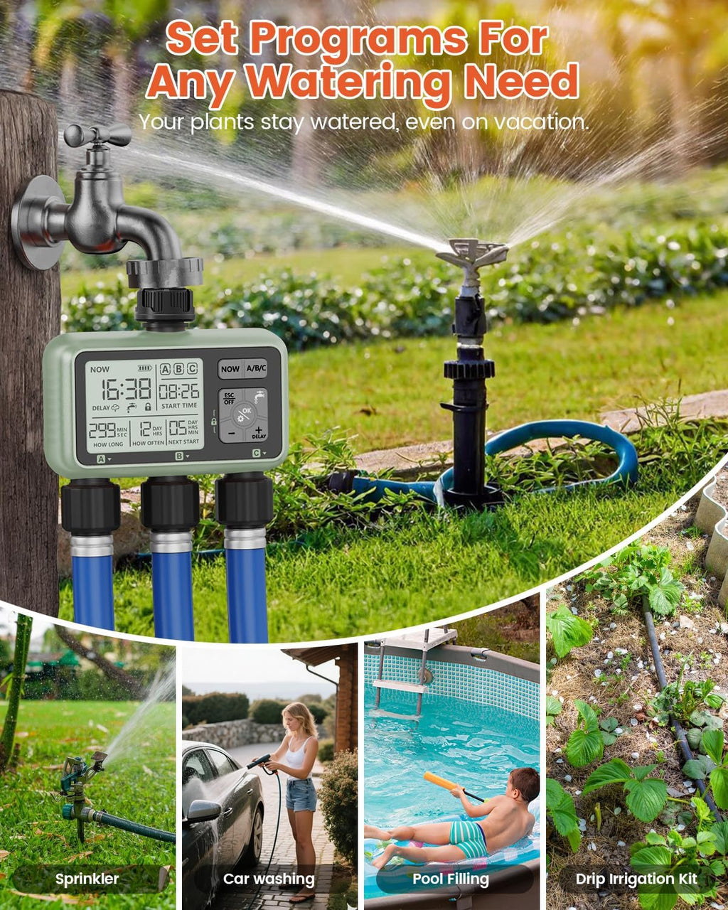 3 Zone Sprinkler Timer, Programmable Water Timer for Garden Hose | 3 independent zones, programmable watering, rain