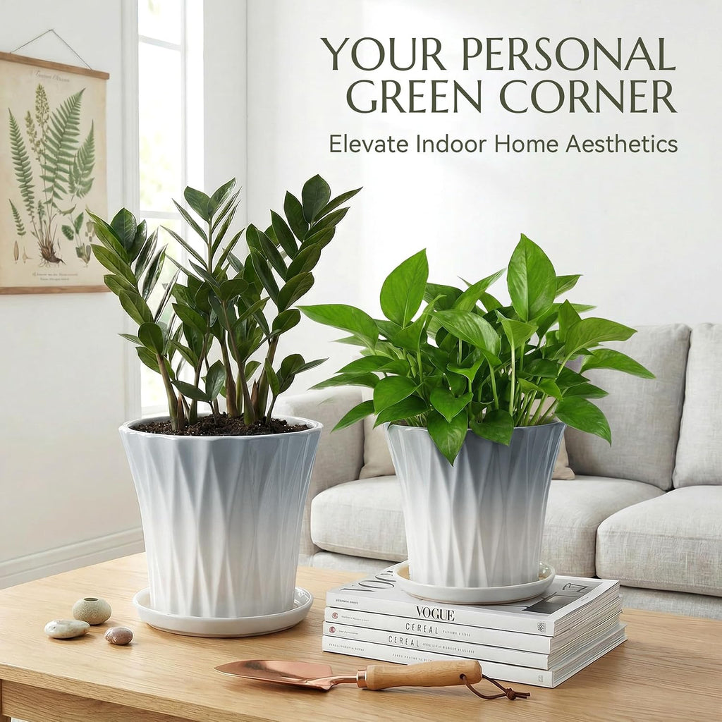 8.3 Inch Ceramic pots for Plants with Saucer Drainage Leak-Proof Mesh, Round Plant Pot with Gardening Gloves for Indoor