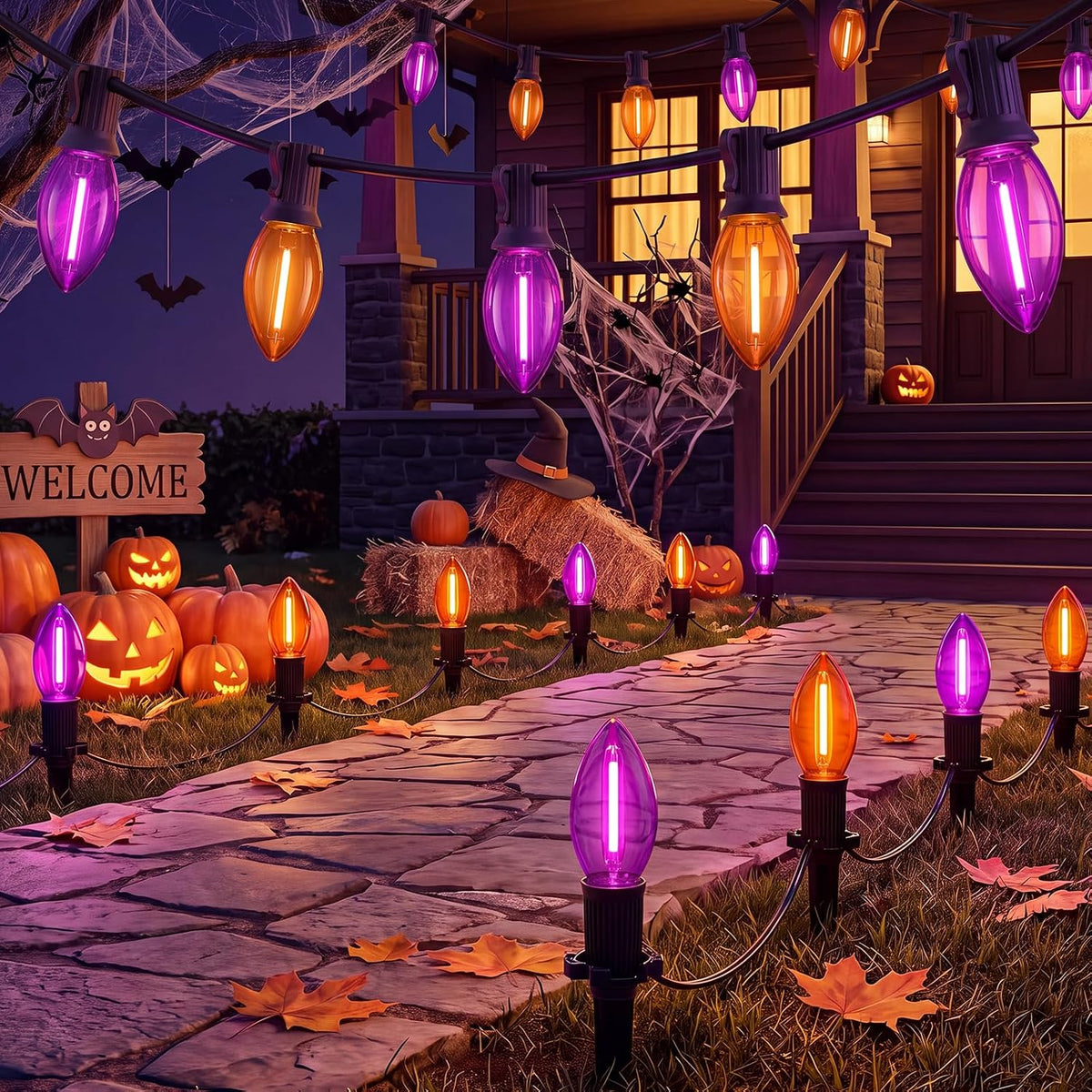 Halloween Pathway Lights 19.5FT, 10 C9 LED Purple & Orange Bulbs Plug In