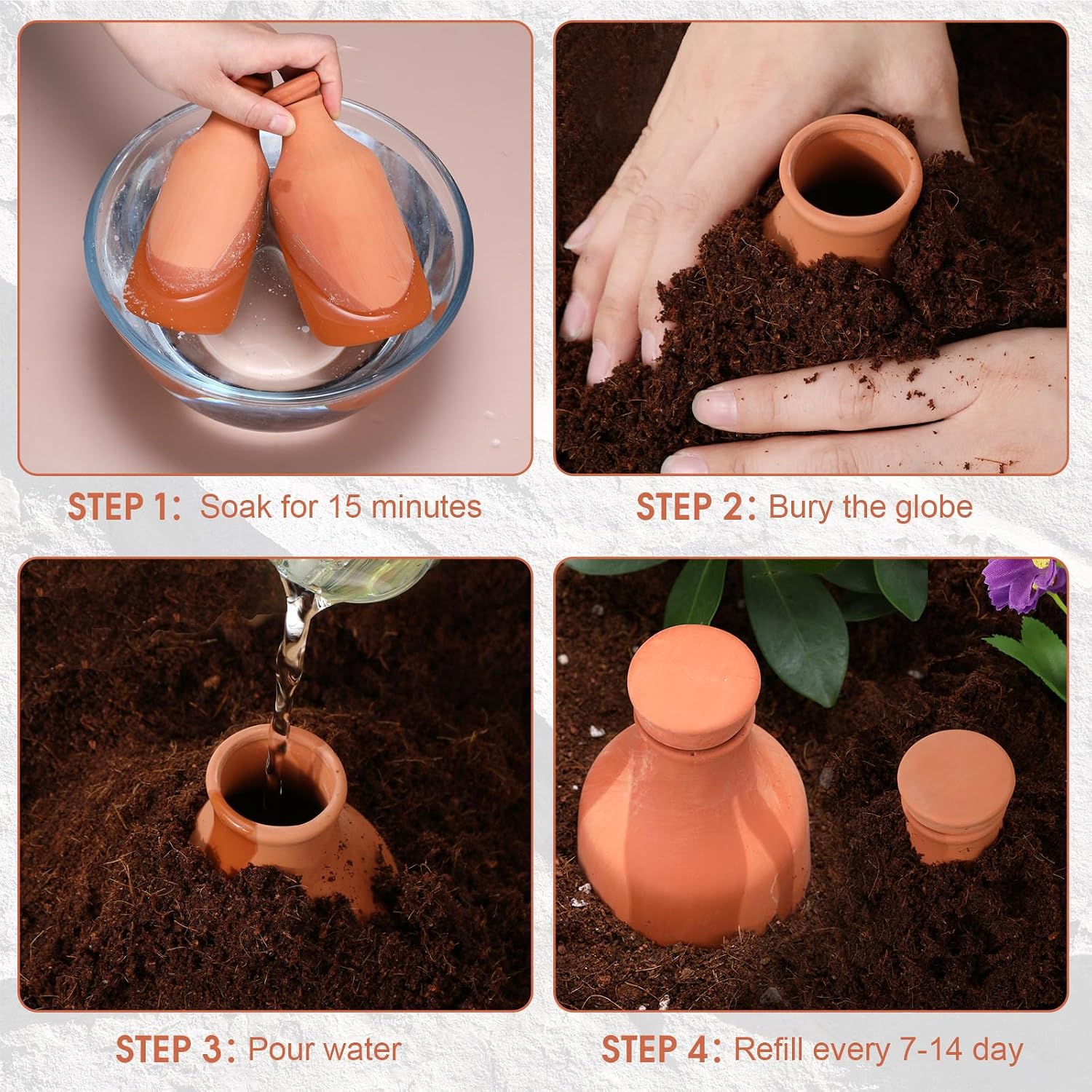DoubleFill 4 Pcs 10, 16, 24 oz Ollas Terracotta Watering Pots Self Watering Planter Insert Terracotta Globes Clay for