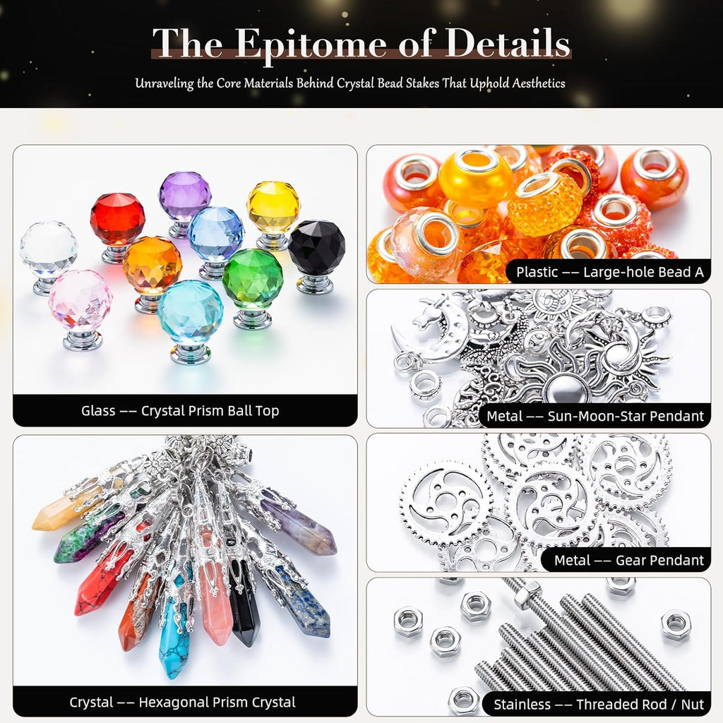 260Pcs DIY Beaded Garden Stakes, Fairy Wand 10-Pack Decorative Kit | Healing Crystal Pendant, 12in Threaded Rods
