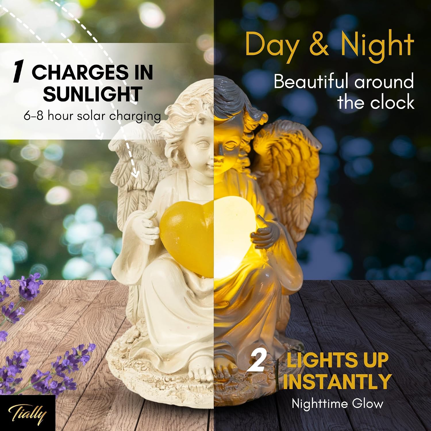 Solar Angel Garden Statue, 8" Guardian Memorial Outdoor Light | Glowing Lighted Heart, Bright Every Night, Weatherproof