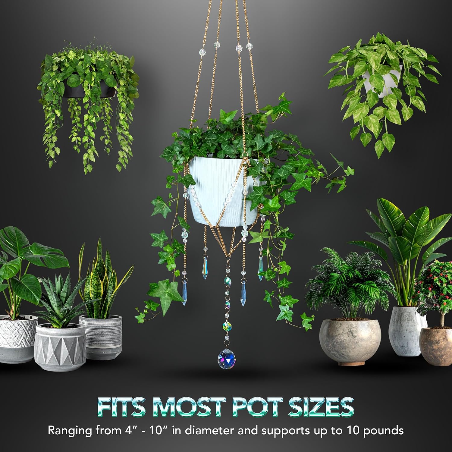 Sun Catcher Plant Hanger with Beads and Glass Crystal Ball Suncatcher. | Large Beaded Plant Hanger. Plant Accessories