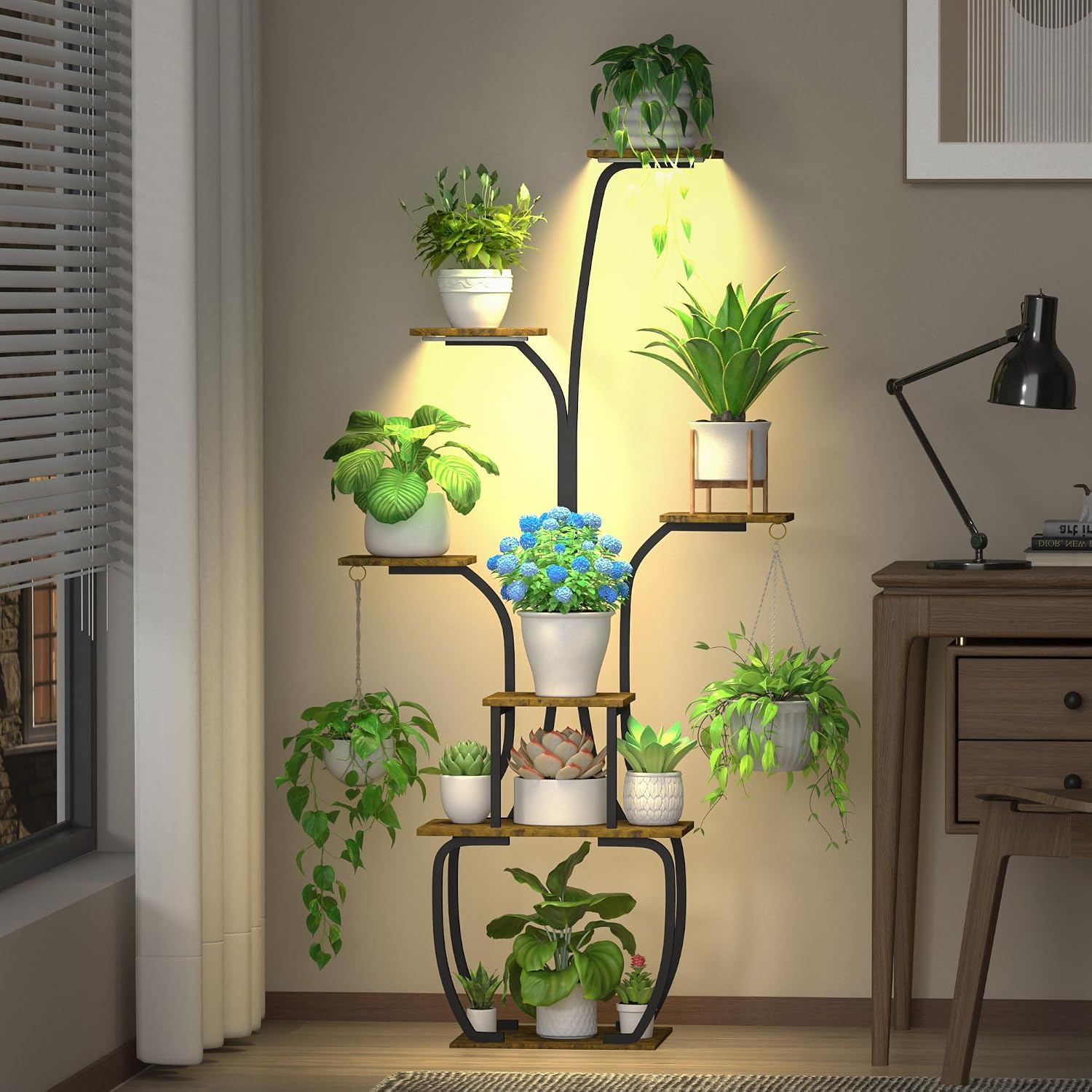 Plant Stand Indoor with Grow Lights, 7 Tiered 55" Tall Plant Shelf, Heavy Duty Metal Corner Flower Pot Holder Rack