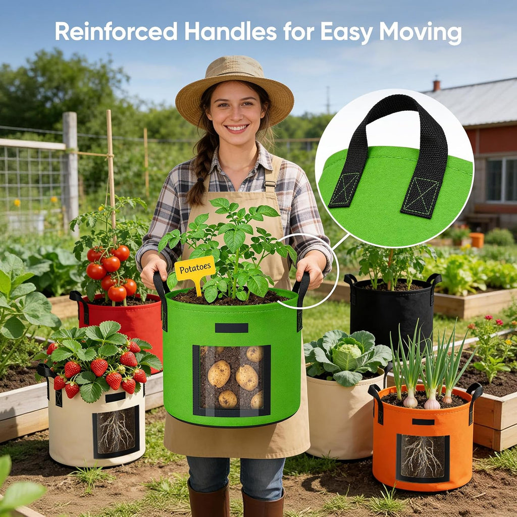 20 Gallon Potato Grow Bags: 5 Pack Colorful Gardening Supplies Fabric Pots | Clear Harvest Window & Durable Handles