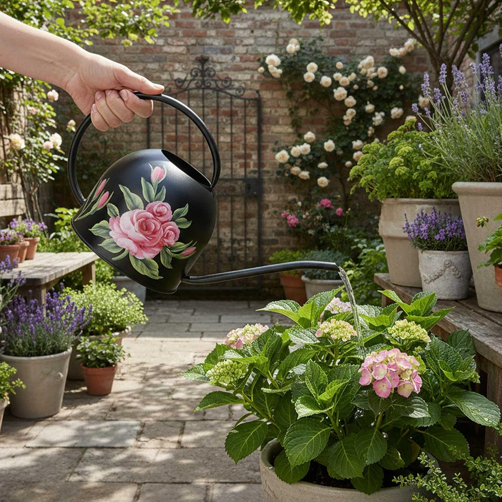 MOYEE Metal Small Watering Can for Indoor Outdoor Plants, Pretty Water Cans | Hand-painted Flowers, Durable Rust-proof