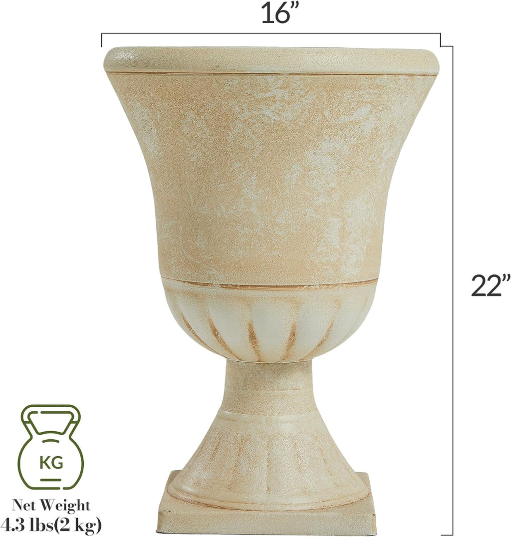 Worth Garden Plastic Urn Planters for Outdoor Plants, Tree 22'' Tall 2 Pack Round Classic Resin Flower Pots Indoor