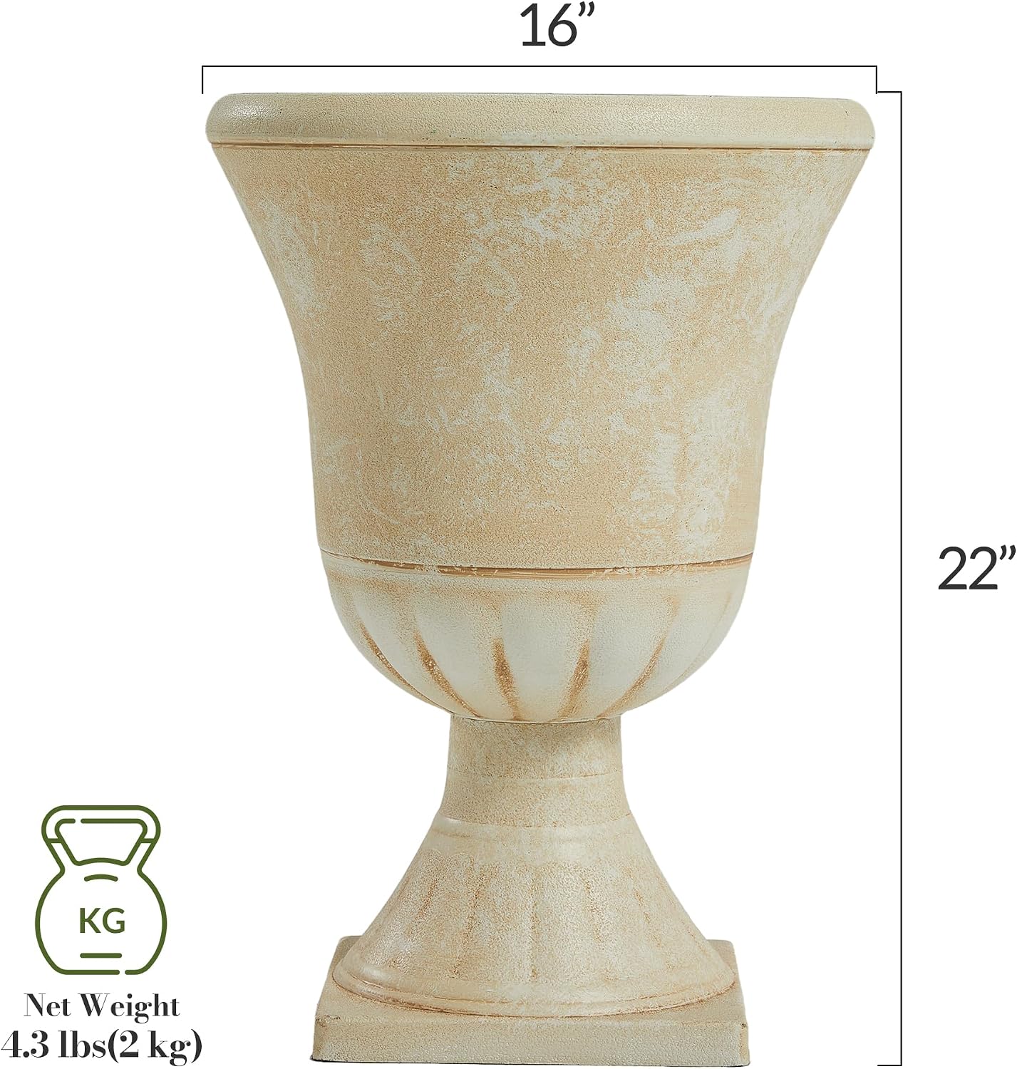 Worth Garden Plastic Urn Planters for Outdoor Plants, Tree 22'' Tall 2 Pack Round Classic Resin Flower Pots Indoor