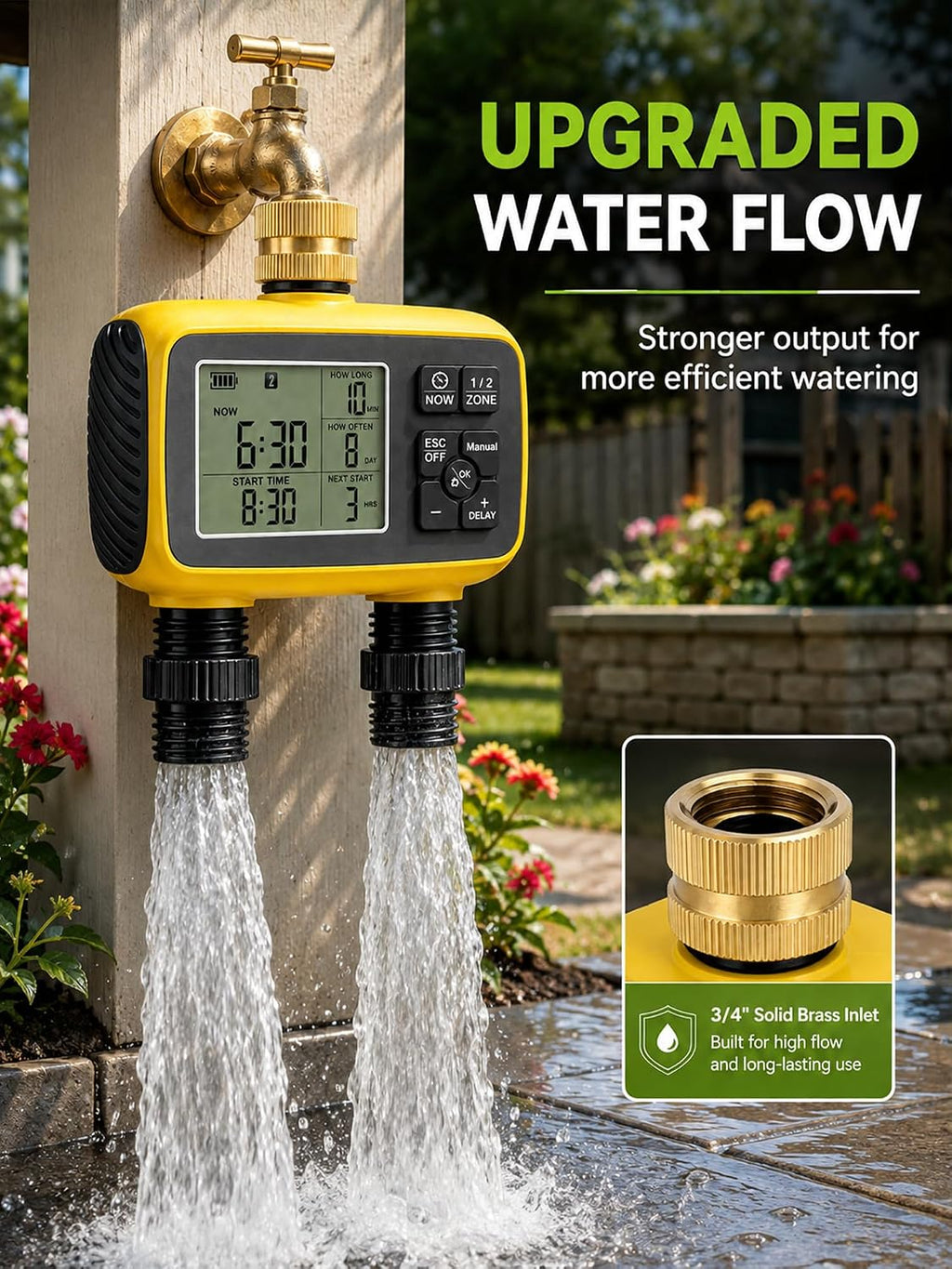 Hose Timer 2 Outlet, 2 Zone Programmable Sprinkler Timer with Rain Delay & Manual Mode, Heavy Duty Digital Timer for