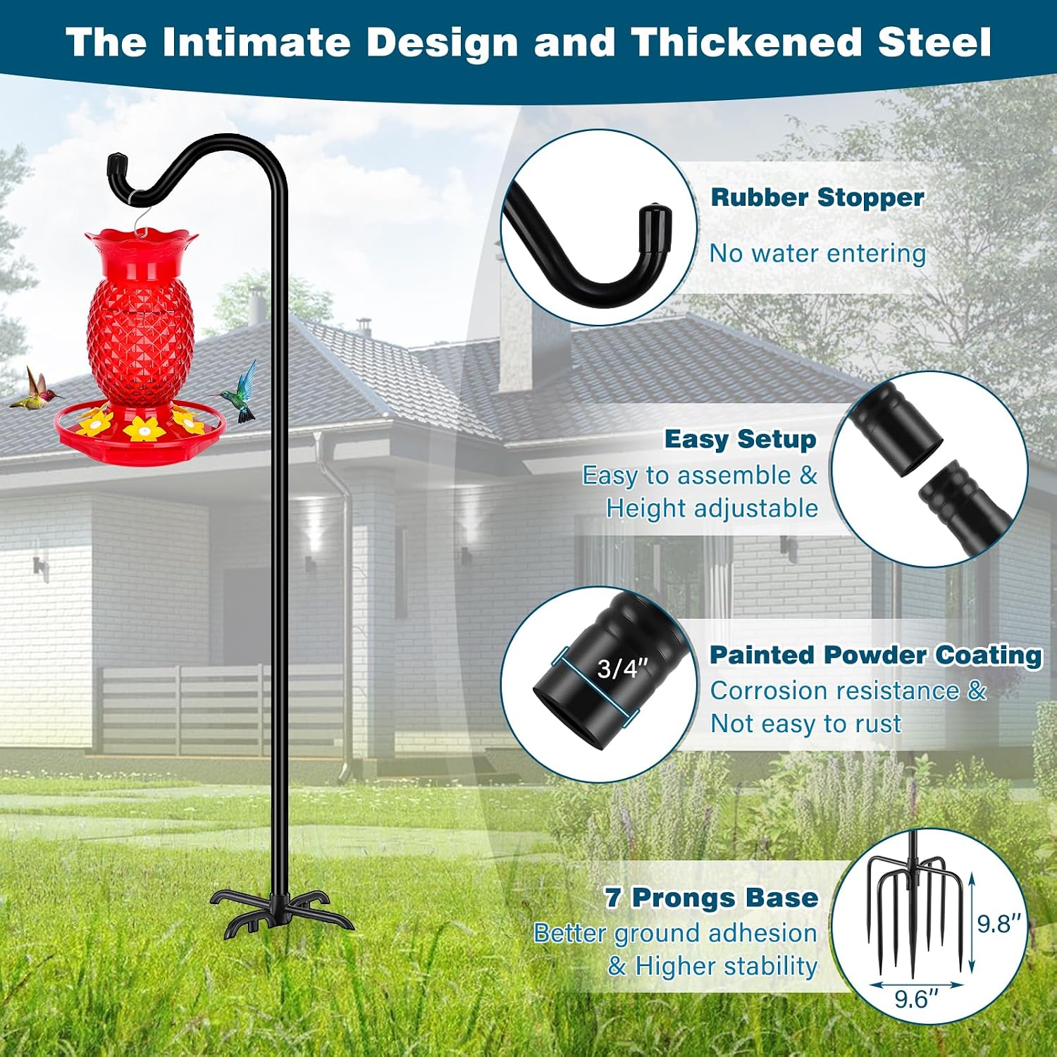 Gtongoko Adjustable Shepherds Hooks for Outdoor 76 Inch Bird Feeder Pole with 7 Prongs Base, 3/4 Inch Thick Heavy Duty