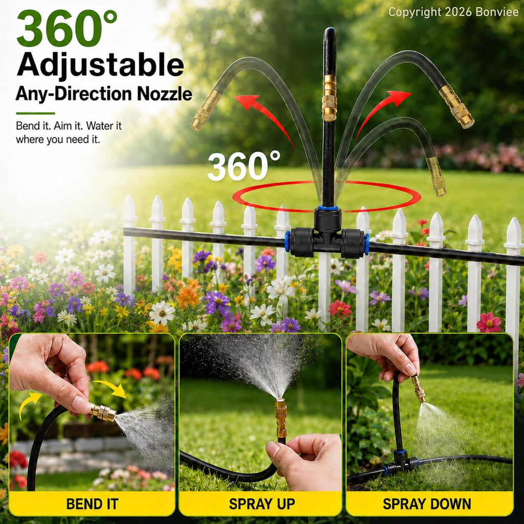 120FT Drip Irrigation System with Adjustable Nozzles | 1/4-Inch Tubing, Garden Layout, Adjustable Spray and Mist
