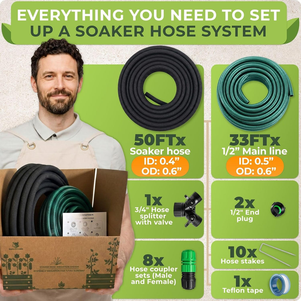 1/2" Soaker Hose Kit Mainline Tubing and Connectors, 50 feet | For Deep Root Watering Your Garden, Raised Beds or