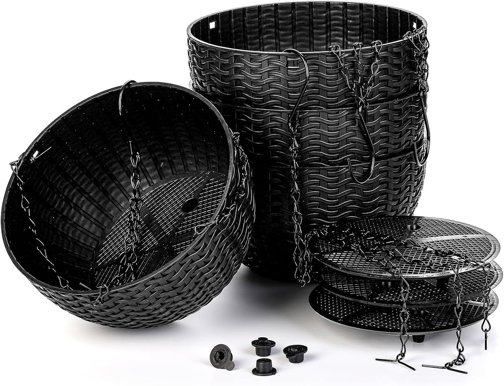 Foraineam 4 Pack Black Hanging Planters, 8.2 inch Hanging Flower Basket Planter Pots, Garden Plant Pot Container