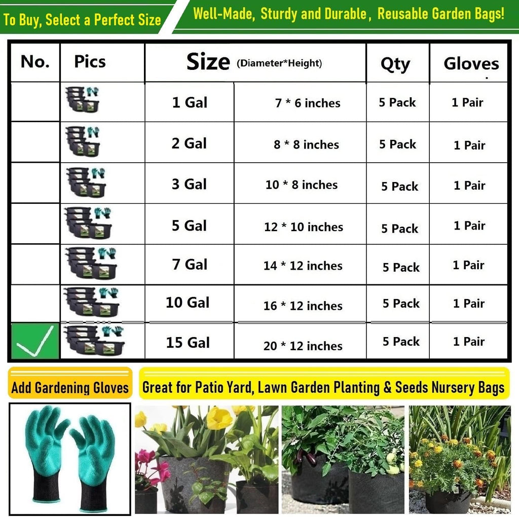 5-Pack 15 Gallon Thickened Plant Grow Bags (20x12 in) Fabric Plant Pots for Potato,Tomato Planters,Herbs Veggies