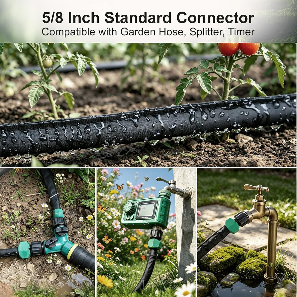Flat Soaker Hose 25 ft 3-Pack with Splitter, 80% Water-Saving Drip Irrigation Hose 75 ft, Linkable DIY Garden Soaker