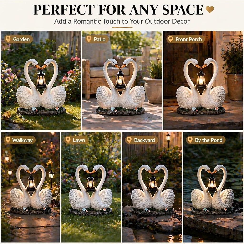Solar Swan Garden Statue with Hanging Lantern Light, Romantic Swan Couple Outdoor Solar Lights Resin Waterproof Yard