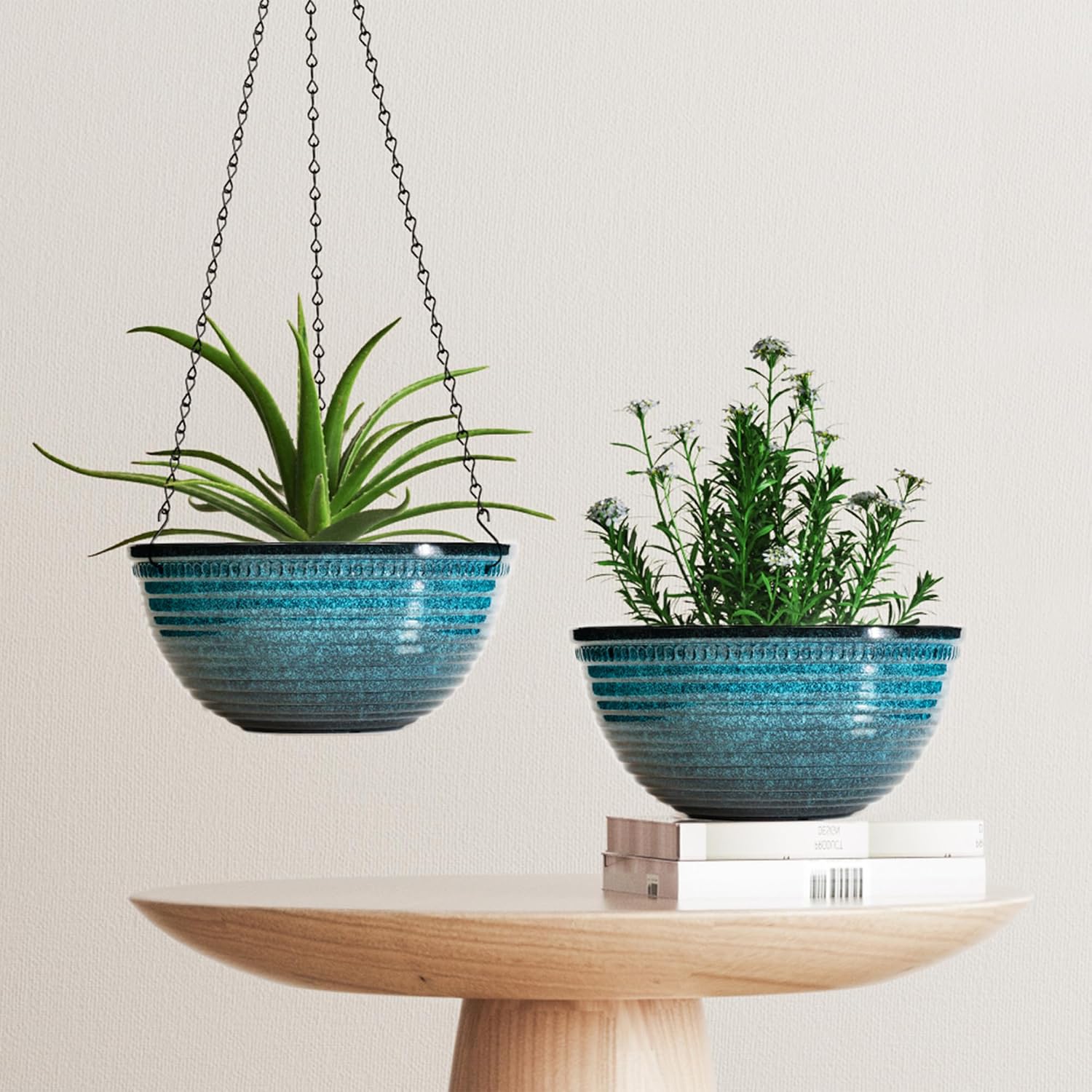 Vanslogreen 12 inch Hanging Planters for Indoor Outdoor Plants, 2 Pack Large Hanging Flower Pots with Drainage Holes