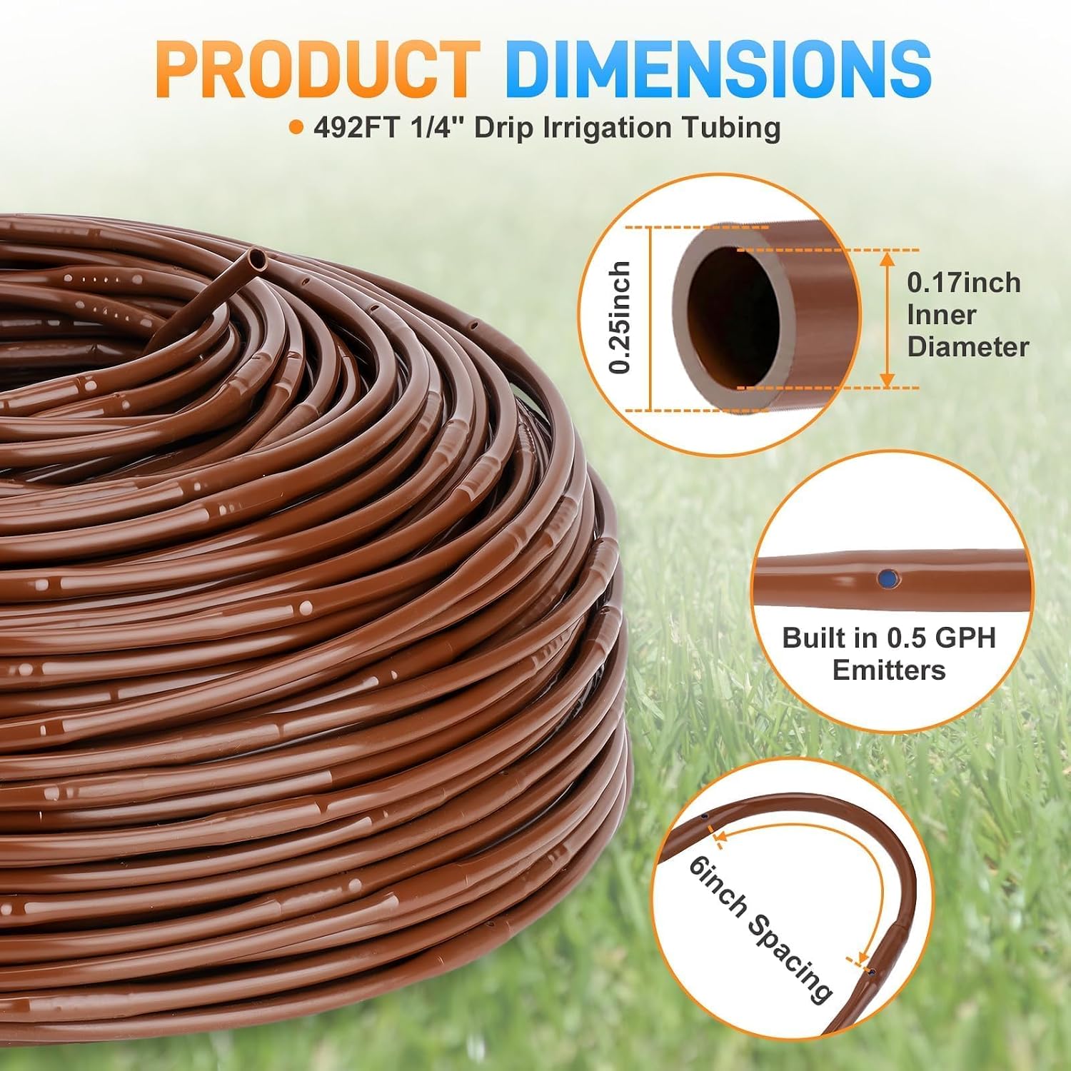 492FT 1/4" Drip Irrigation Tubing with 6" Emitter Spacing, Hydroponics Dripline Hose with Built-in 0.5 GPH Dripper Drip