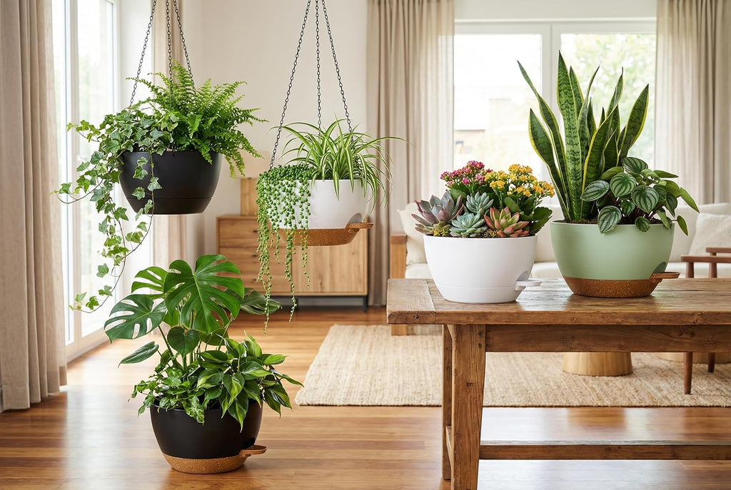 Hanging Planters, 3-Pack 10 Inch Self-Watering Pots with Drainage Holes and Chains, Matte Plastic Planters for