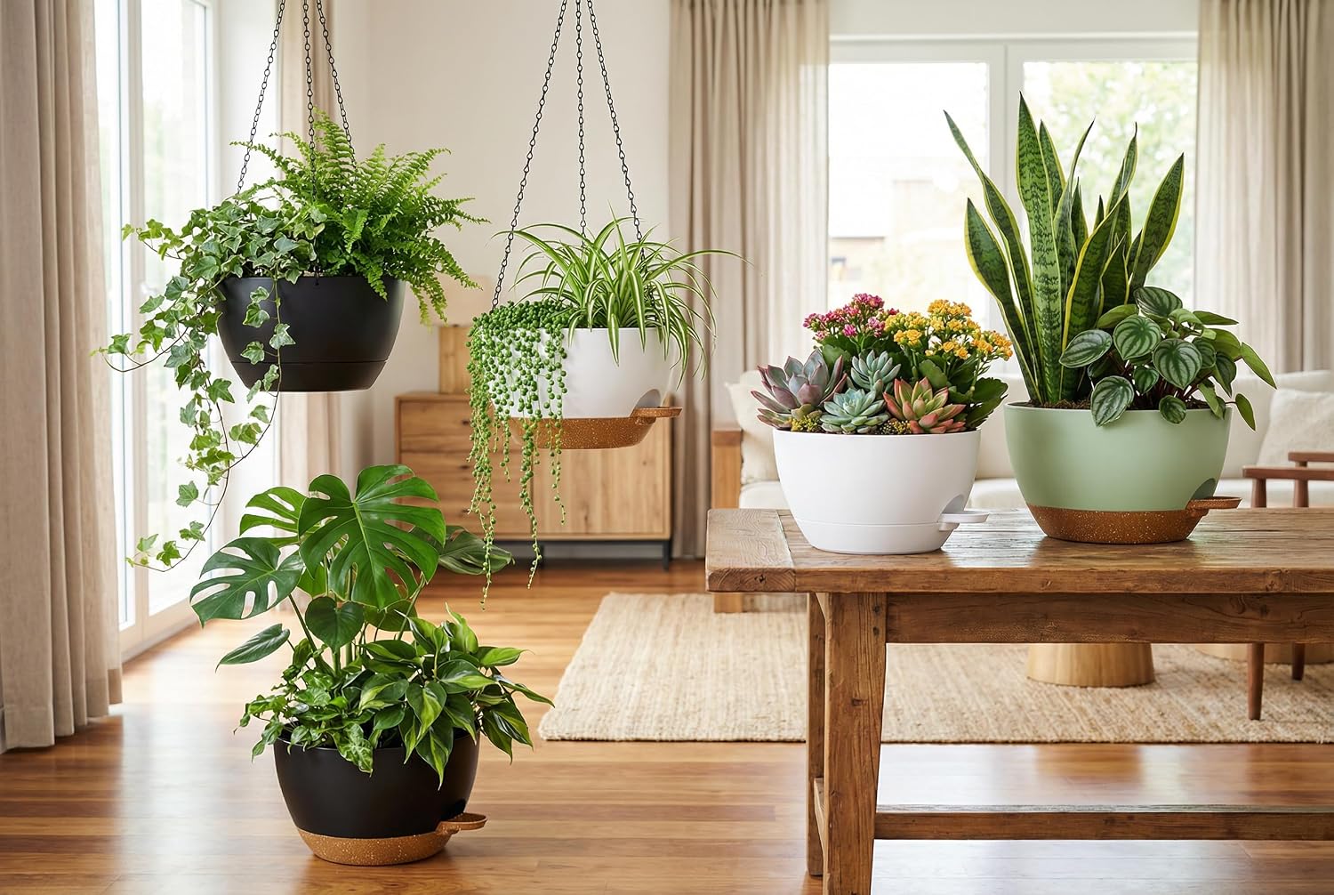 Hanging Planters, 3-Pack 10 Inch Self-Watering Pots with Drainage Holes and Chains, Matte Plastic Planters for