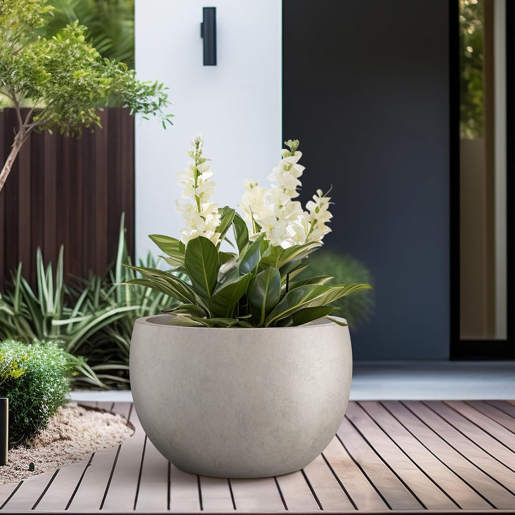 Kante Accent Round Bowl Weathered Concrete Planter 14.8" Dia, Outdoor | Rubber Plug for Indoor, Drainage for Garden