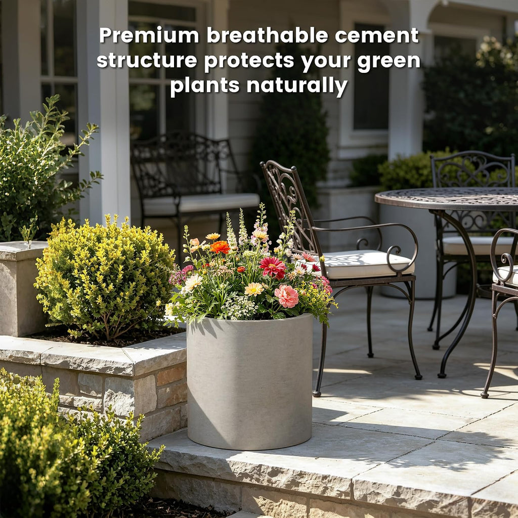 Kante Accent Round Cylinder Weathered Concrete Planter 12.6" Tall, Outdoor | Rubber Plug for Indoor, Drainage for