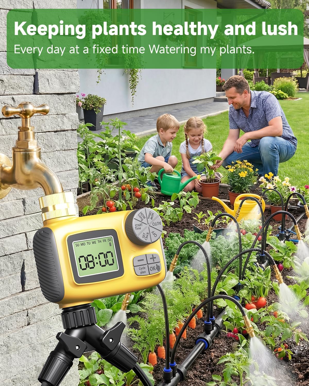 66FT Drip Irrigation System with Timer, Automatic Watering System Kit with Solid Brass Metal Connectors, 360°