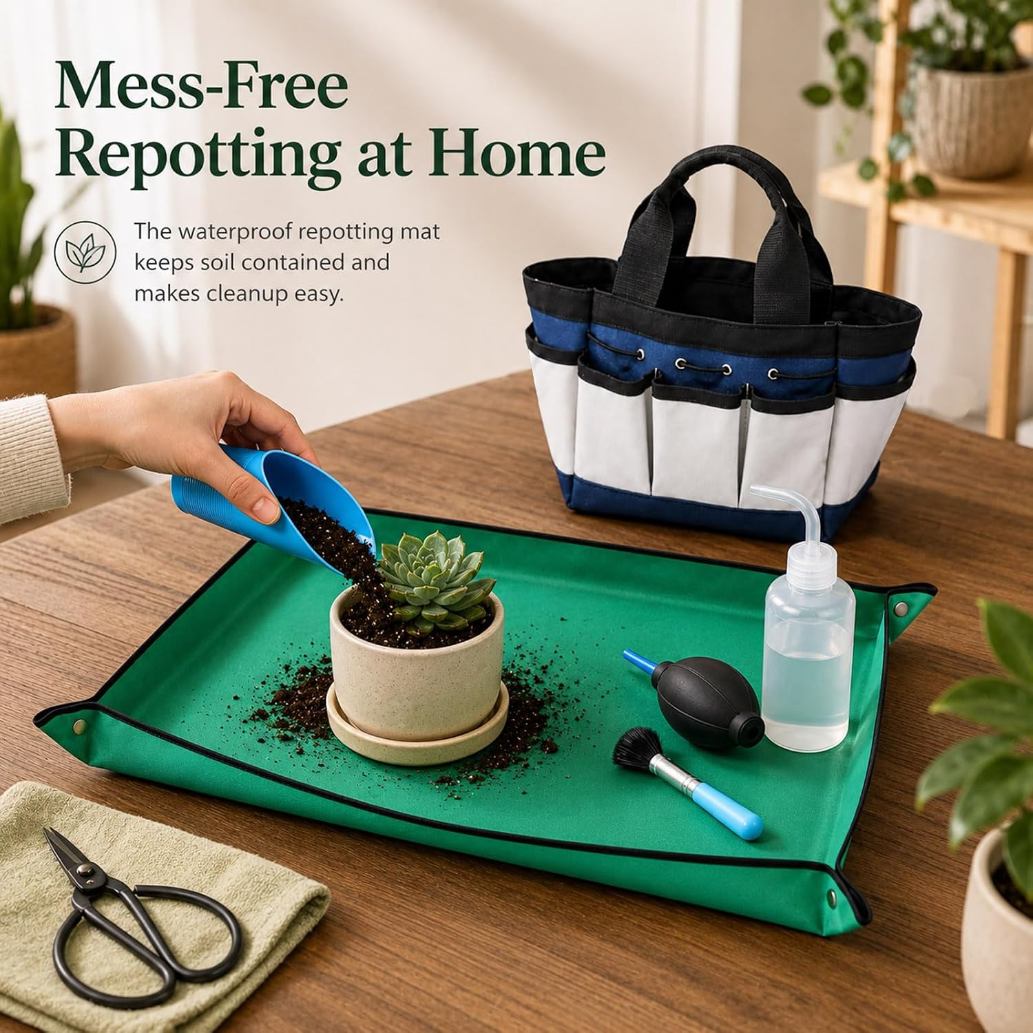 25 Pcs Succulent & Bonsai Tools Set for Beginners, Indoor Plant Care Tool Set with Repotting Mat, Organizer Tote, Soil