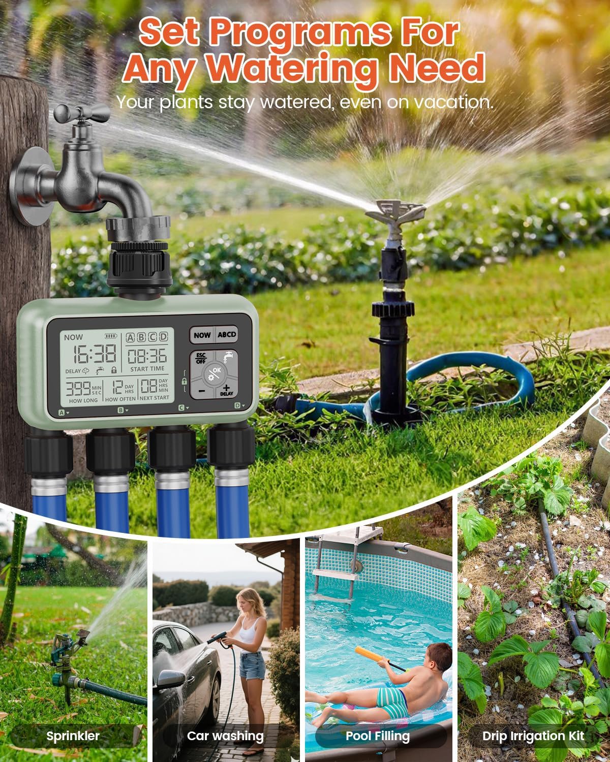 4 Zone Sprinkler Timer, Programmable Water Timer for Garden Hose | 4 independent zones, programmable watering, rain
