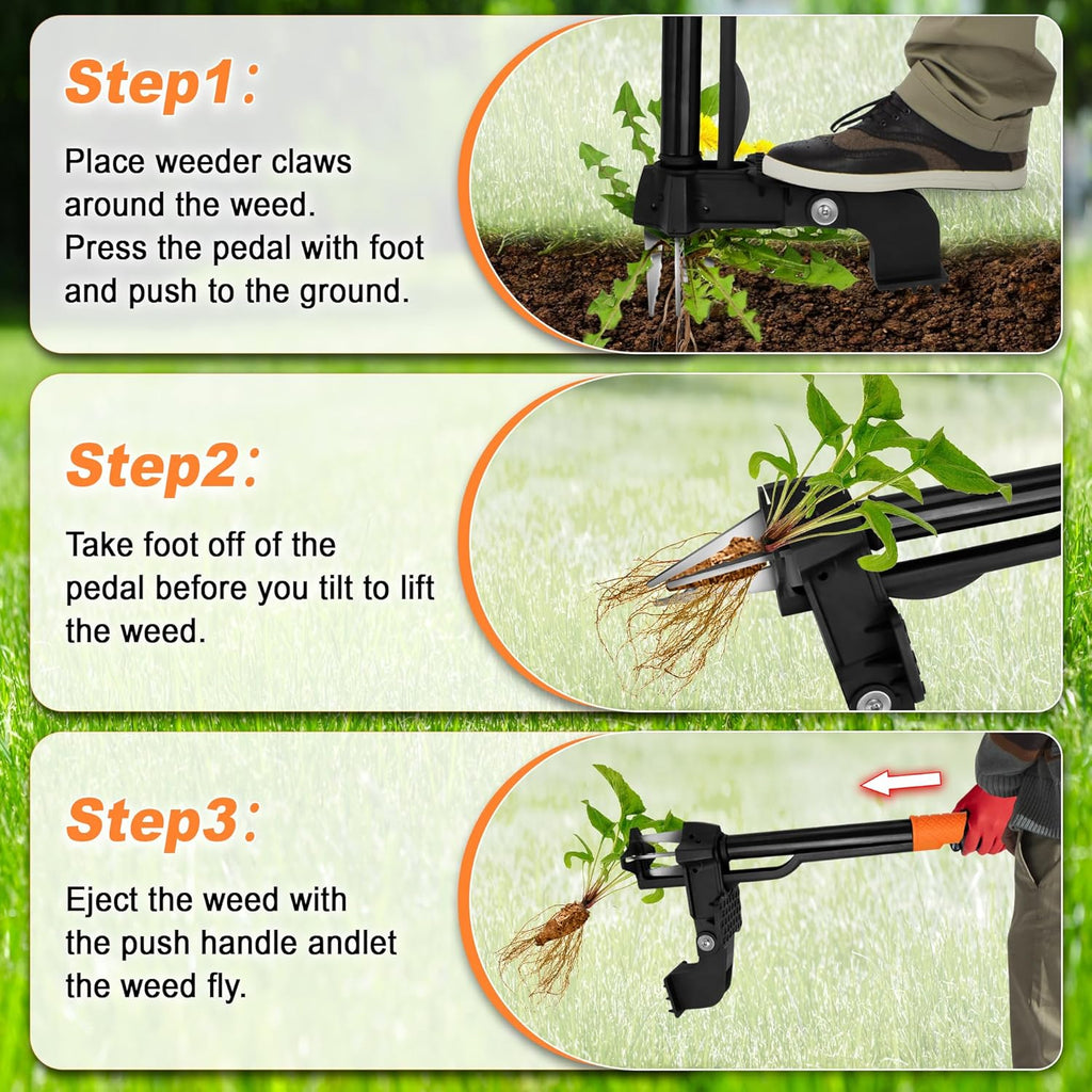 Weed Puller Tool,4-Claw Heavy Duty Gardening Stand-Up Weeder Puller,Ergonomic Long Handle,3 High-Strength Stainless