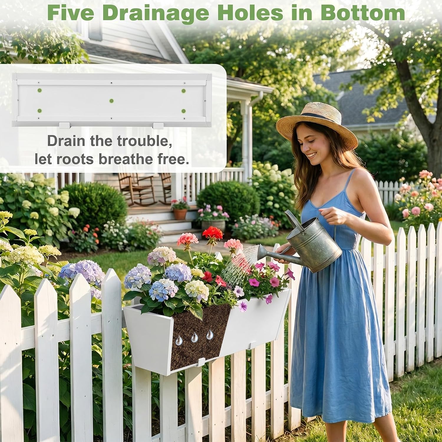Railing Planter for Outdoor Plants 36'' Metal Hanging Flower Pot with Adjustable Brackets & Drainage Railing Planter